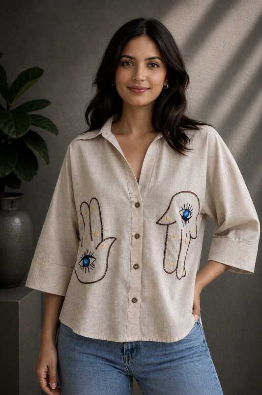 Nazar Hamsa Embroidered Shirt Women
